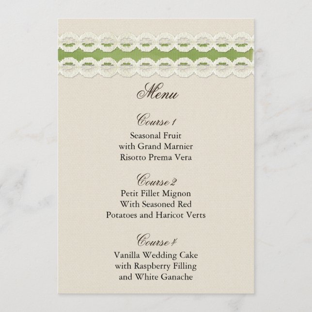 FAUX burlap and lace lime country wedding Menu (Front)