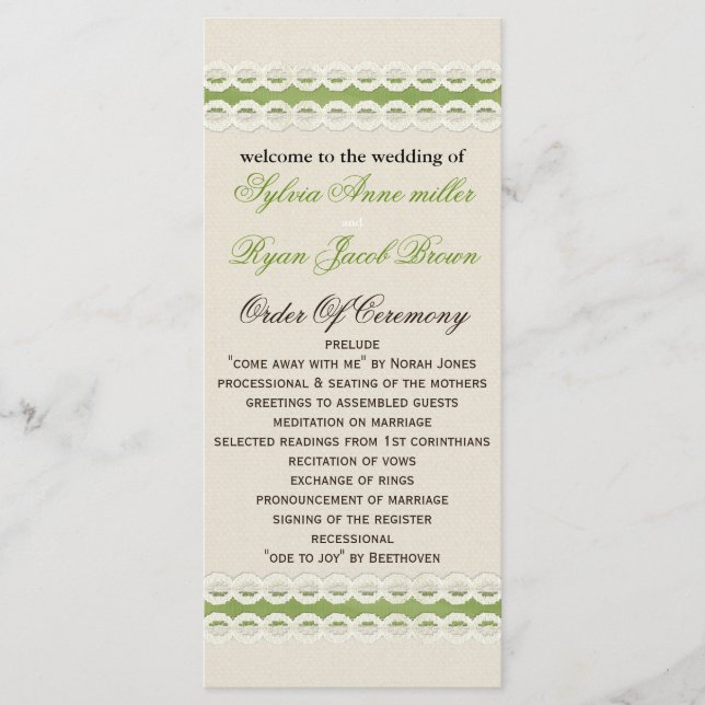 FAUX burlap and lace lime country wedding Program (Front)