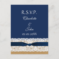 FAUX burlap and lace ,navy blue ribbon RSVP Invitation Postcard