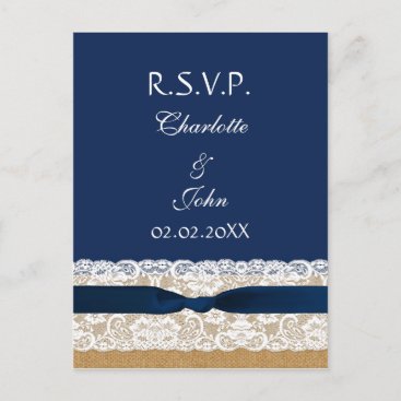 FAUX burlap and lace ,navy blue ribbon RSVP Invitation Postcard