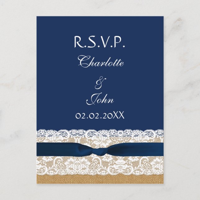 FAUX burlap and lace ,navy blue ribbon RSVP Invitation Postcard (Front)