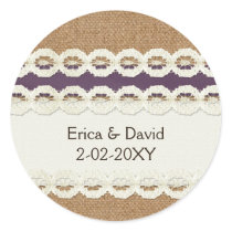 FAUX burlap and lace purple country wedding Classic Round Sticker
