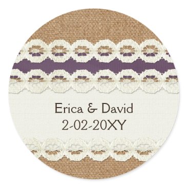 FAUX burlap and lace purple country wedding Classic Round Sticker