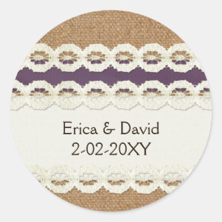 FAUX burlap and lace purple country wedding Classic Round Sticker