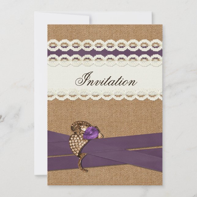 FAUX burlap and lace purple country wedding Invitation (Front)