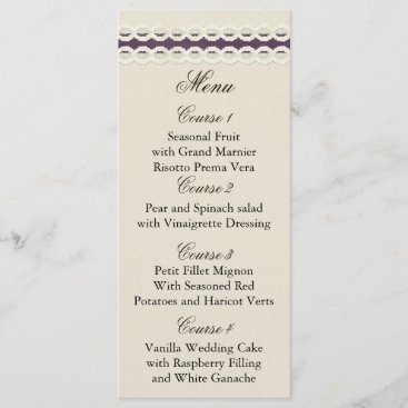 FAUX burlap and lace purple country wedding Menu