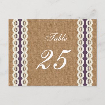 FAUX burlap and lace purple country wedding Postcard