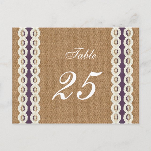 FAUX burlap and lace purple country wedding Postcard (Front)