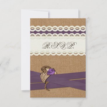 FAUX burlap and lace purple country wedding RSVP Card