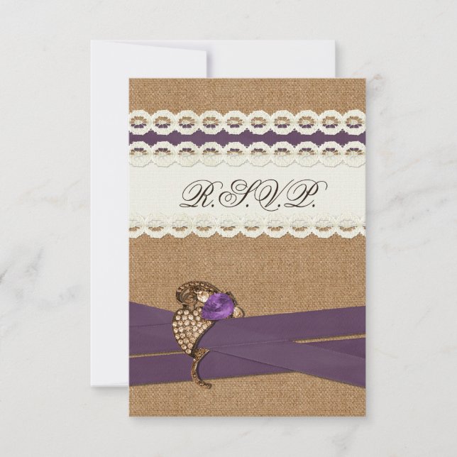 FAUX burlap and lace purple country wedding RSVP Card (Front)