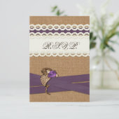 FAUX burlap and lace purple country wedding RSVP Card (Standing Front)