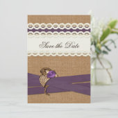 FAUX burlap and lace purple country wedding Save The Date (Standing Front)