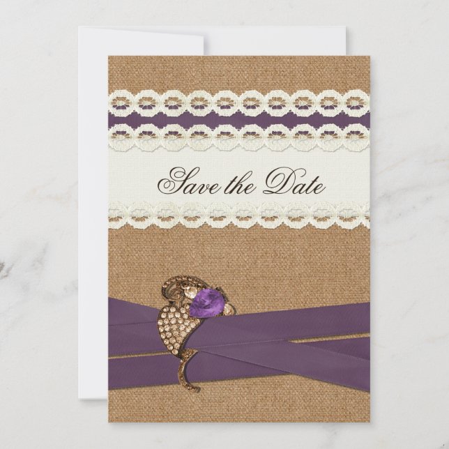 FAUX burlap and lace purple country wedding Save The Date (Front)