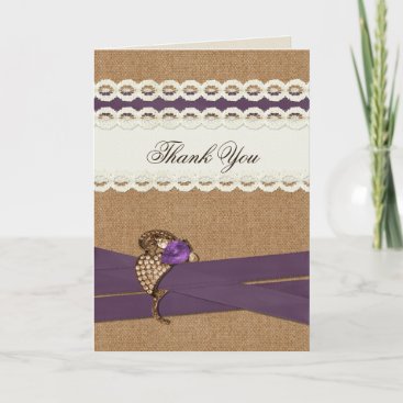 FAUX burlap and lace purple country wedding Thank You Card