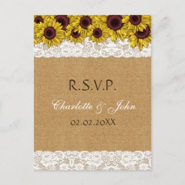 FAUX burlap and lace , sunflowers RSVP Invitation Postcard