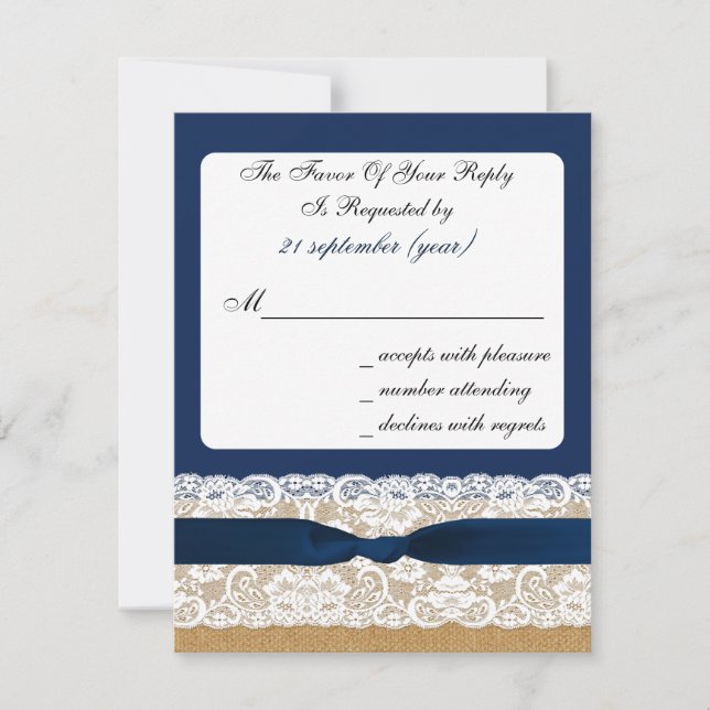 FAUX burlap and lace with navy blue rsvp (Front)