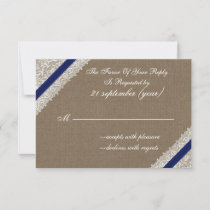 FAUX burlap and lace with navy blue rsvp 3.5 x 5