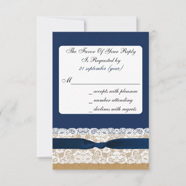FAUX burlap and lace with navy blue rsvp 3.5 x 5 (Front)