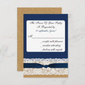 FAUX burlap and lace with navy blue rsvp 3.5 x 5 (Front/Back)