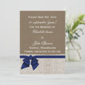 FAUX burlap and lace with navy blue save the dates Save The Date (Standing Front)