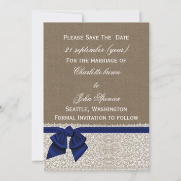 FAUX burlap and lace with navy blue save the dates Save The Date