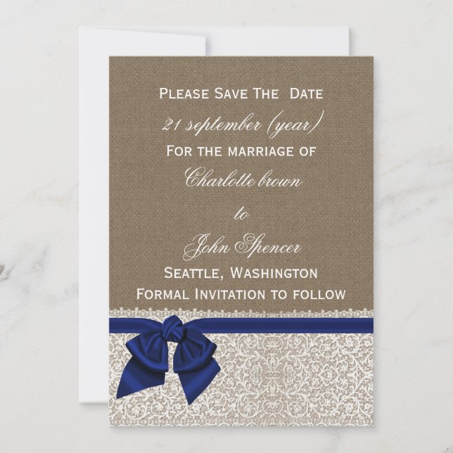 FAUX burlap and lace with navy blue save the dates Save The Date (Front)