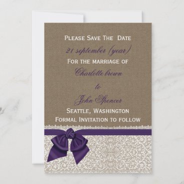 FAUX burlap and lace with purple save the dates Save The Date