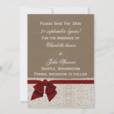 FAUX burlap and lace with red save the dates Save The Date