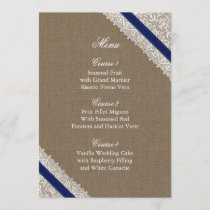 FAUX Burlap and navy blue lace menu cards
