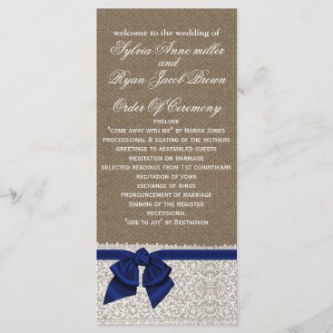 FAUX Burlap and navy blue lace Wedding program