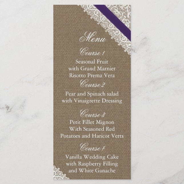 FAUX Burlap and purple lace wedding menu cards (Front)