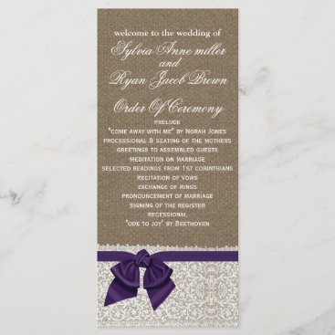 FAUX Burlap and purple lace Wedding program