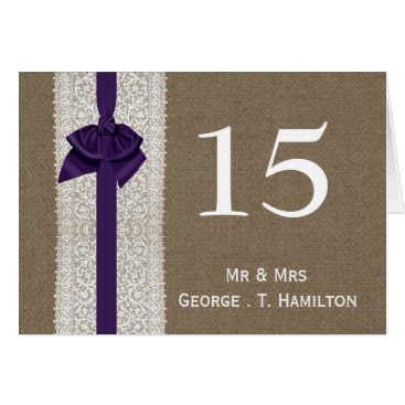 FAUX Burlap and purple lace wedding table numbers