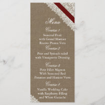 FAUX Burlap and red lace wedding menu cards