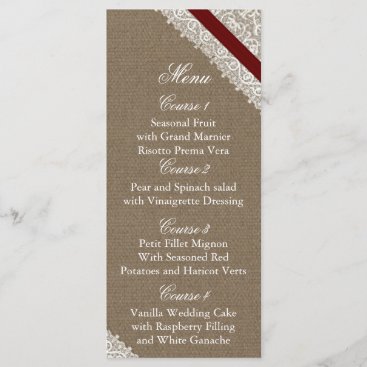 FAUX Burlap and red lace wedding menu cards