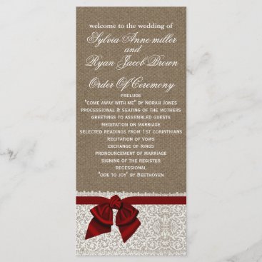 FAUX Burlap and red lace Wedding program