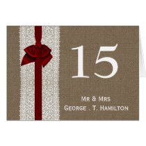 FAUX Burlap and red lace wedding table numbers