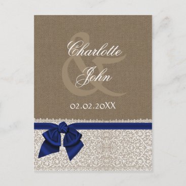 FAUX burlap and white lace, n.blue, save the Date Announcement Postcard