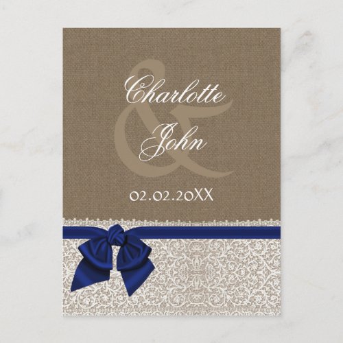 FAUX burlap and white lace nblue save the Date Announcement Postcard