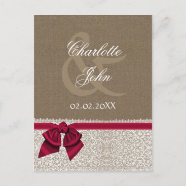FAUX burlap and white lace, pink, save the Date Announcement Postcard