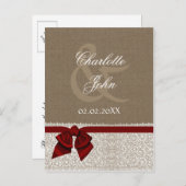 FAUX burlap and white lace, red, save the Date Announcement Postcard (Front/Back)