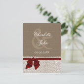 FAUX burlap and white lace, red, save the Date Announcement Postcard (Standing Front)