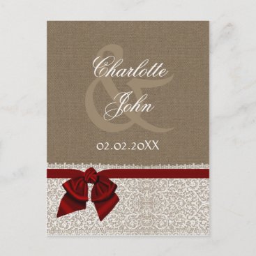 FAUX burlap and white lace, red, save the Date Announcement Postcard