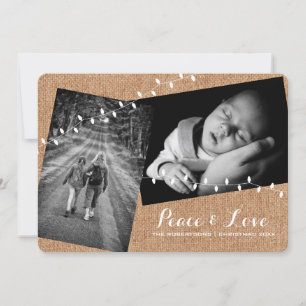Faux Burlap Christmas Photos Lights Peace and Love Holiday Card