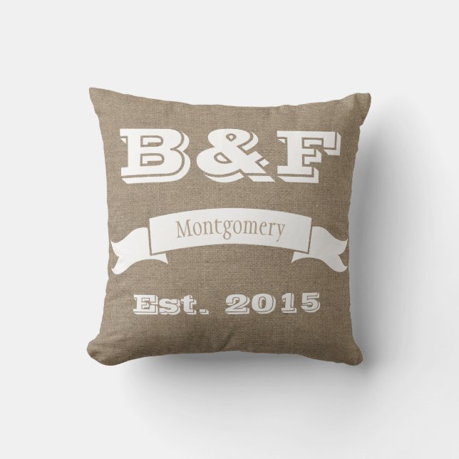 Faux Burlap Couple's Monogram and Hearts Pillow (Front)