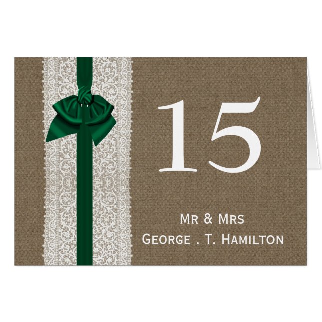 FAUX Burlap emerald green wedding table numbers (Front Horizontal)