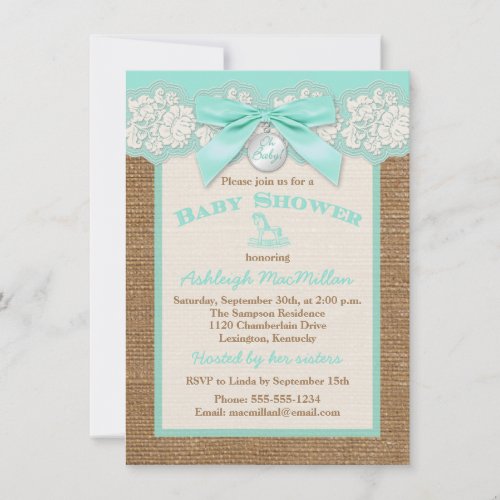 FAUX Burlap Ivory Lace, Aqua Baby Shower Invite