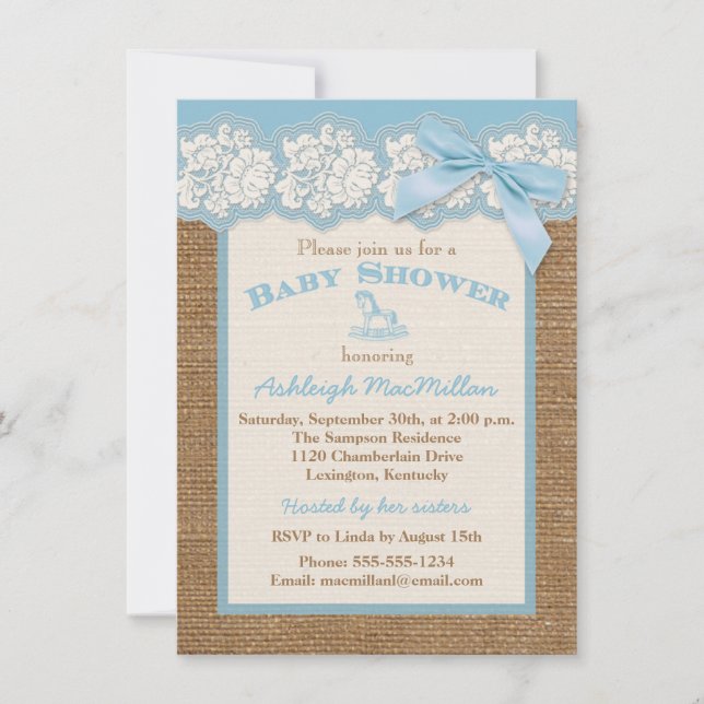 FAUX Burlap Ivory Lace, Blue Baby Shower Invite 2 (Front)