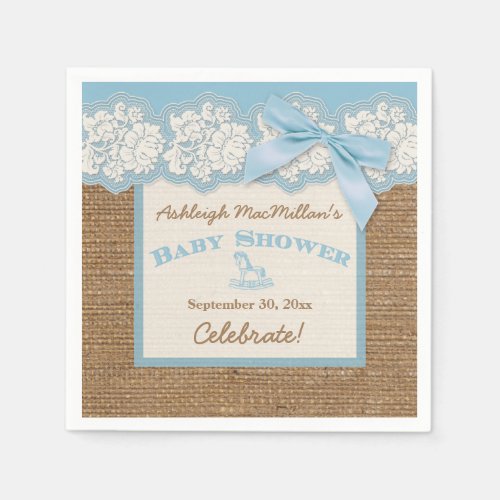 FAUX Burlap Ivory Lace Blue Baby Shower Napkins