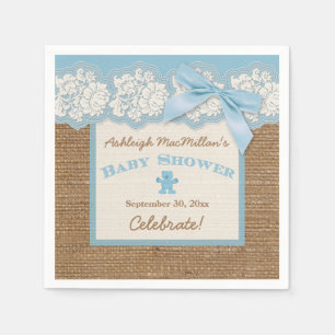 FAUX Burlap Ivory Lace, Blue Baby Shower Napkins